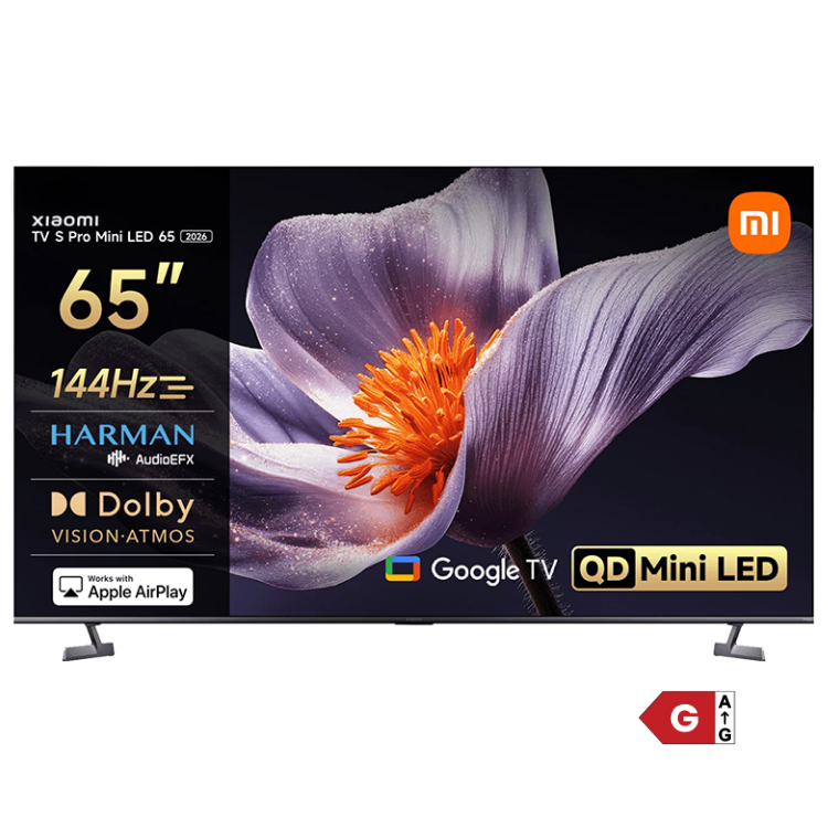 TV Xiaomi S Pro 65" 4K Mini LED, com imagem de flor roxa e laranja no ecrã.