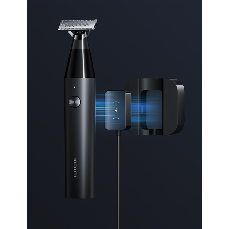 Xiaomi Uniblade Trimmer, black electric shaver with charging dock.