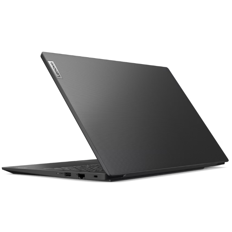 Lenovo V15 G5 IRL black laptop, open, back view, Lenovo logo visible.